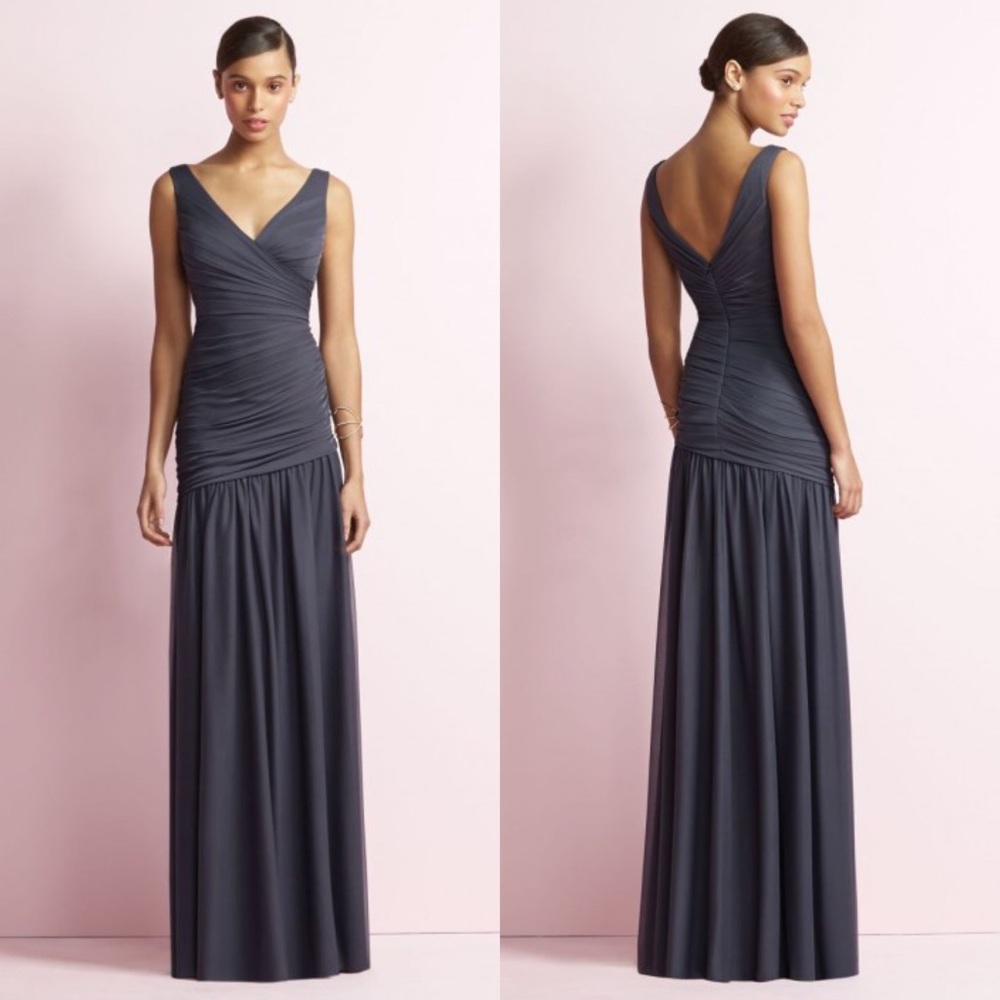 JENNY YOO JY506 ONYX CHIFFON ASYMMETRICAL DROP WAIST DRAPED FORMAL EVENING GOWN